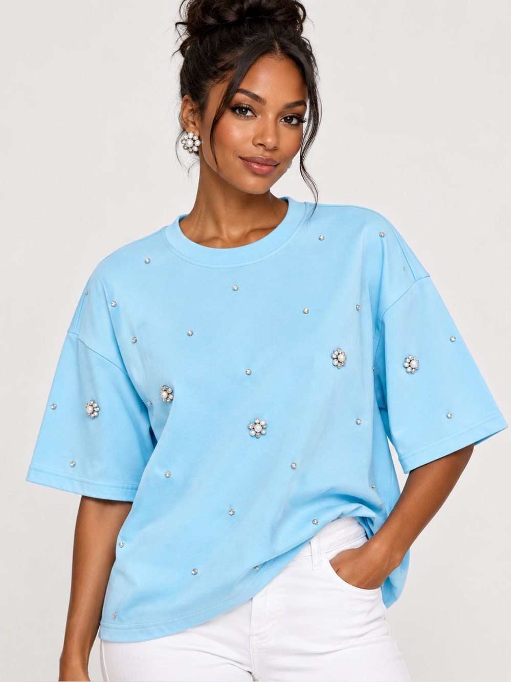 Sky Blue Rhinestone & Pearl  Embellished Oversized Tee | M | NWT